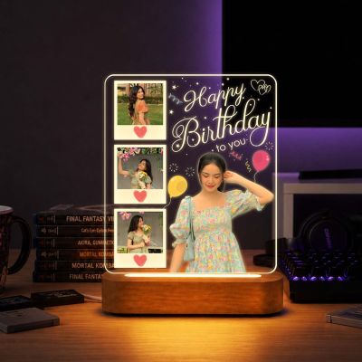 Personalized Happy Birthday Gift for Girlfriend, Wife, Best Friend, Daughter & Sister Bedroom Decor Table Lamp with Wood Stand